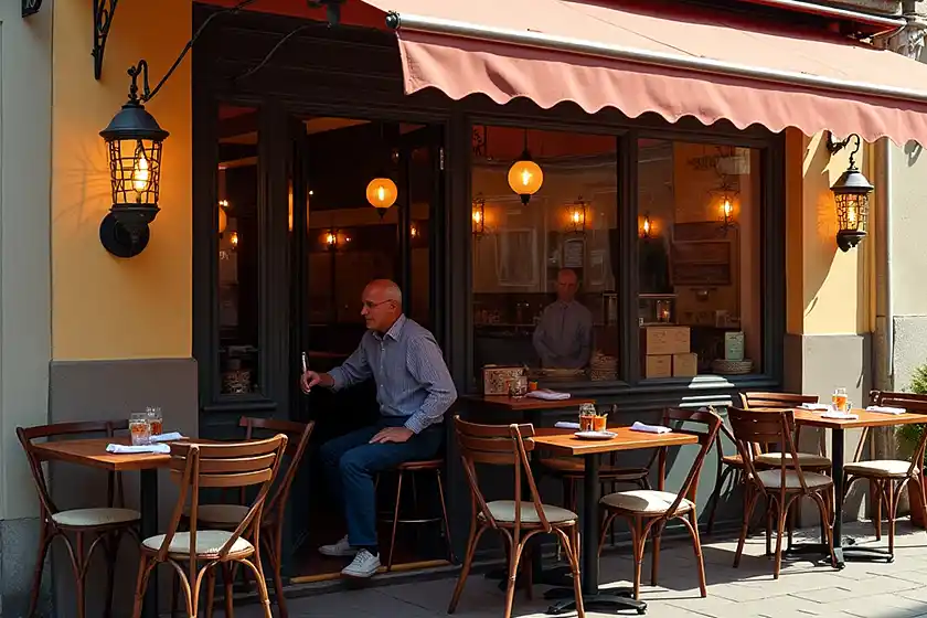 Szene in einer Trattoria, Mann sitzt auf Terrase an Tisch